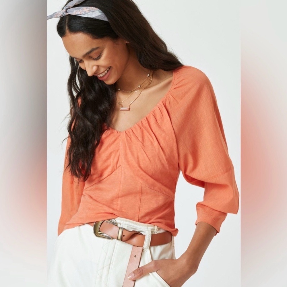 ANTHROPOLOGIE V-Neck Ruched Puff Sleeve Top Size Coral Orange Tee small